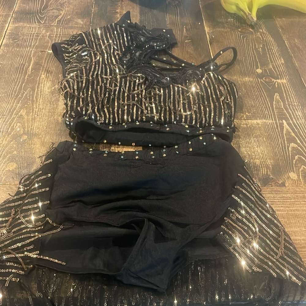 Two piece black and gold sequence medium adult jazz costume